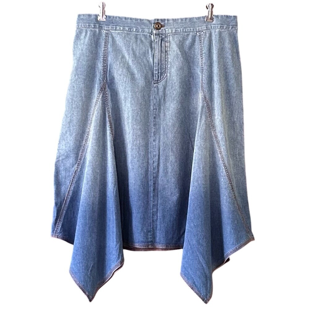 Vintage Soft Surroundings Ombre Denim Midi Skirt Asymmetrical Hem Women L